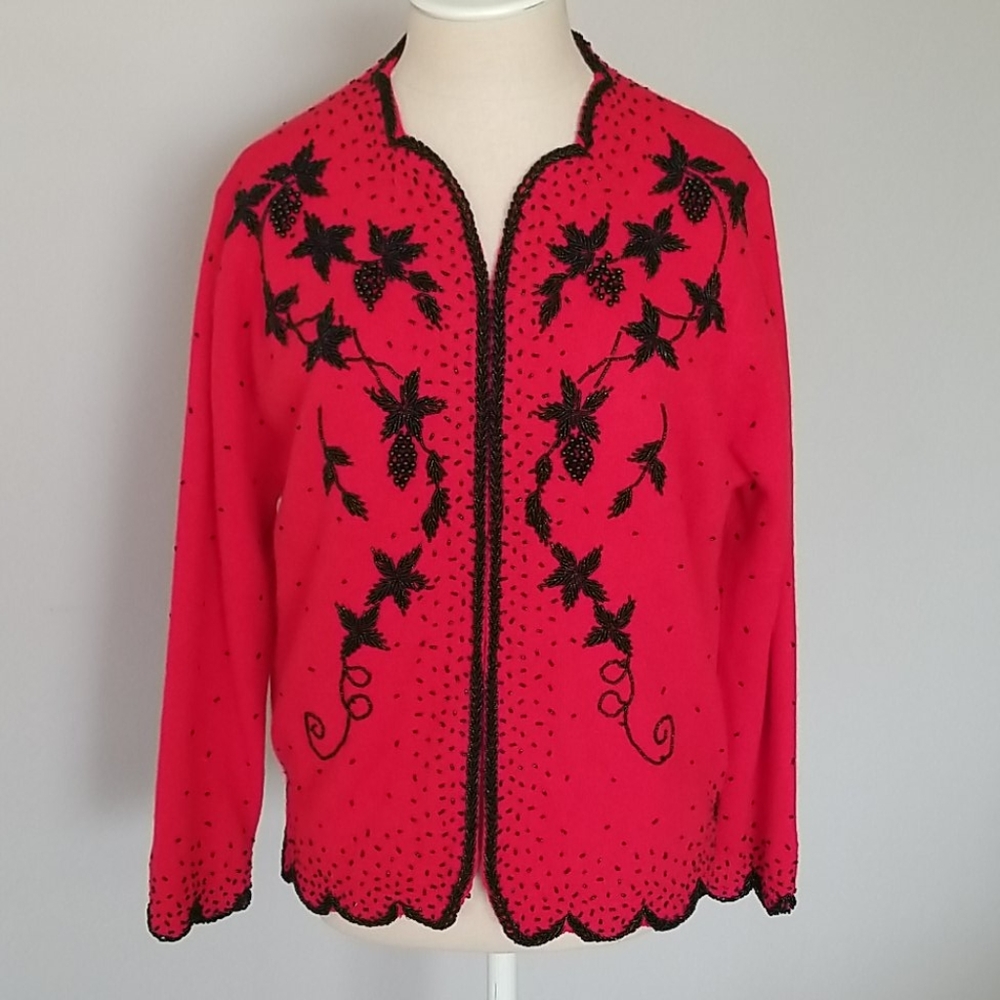 Vintage Beaded Red Cardigan Sweater Size 44